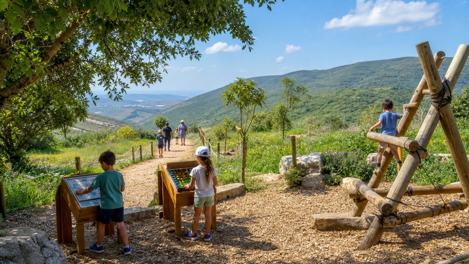 ילדים בפעילות טבע משפחתית מול נוף ירוק בצפון ישראל
