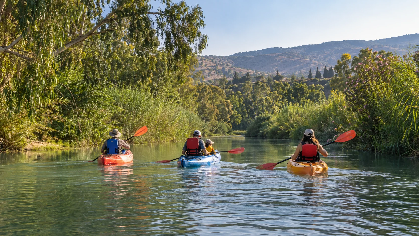 קבוצת מטיילים חותרת בקיאקים בנהר הירדן בצפון ישראל
